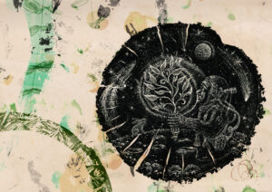 A surreal drawing of an astronaut holding a glowing Tree of Light in space, surrounded by stars and planets. The circular scene is set against a textured, abstract background with green and yellow brushstrokes and patterns.