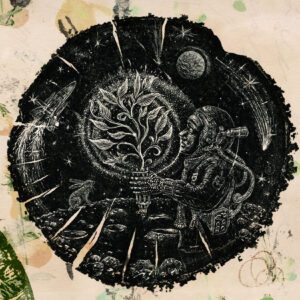 A textured illustration shows an astronaut nurturing a glowing Tree of Light inside a circle. The background features abstract earthy tones, stars, a planet, and outer space elements, blending nature and cosmic themes.