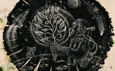 A textured illustration shows an astronaut nurturing a glowing Tree of Light inside a circle. The background features abstract earthy tones, stars, a planet, and outer space elements, blending nature and cosmic themes.