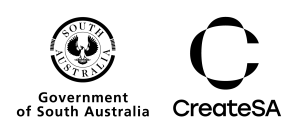 Two black logos on a white background: the Government of South Australia logo with a stylized bird inside a circular frame, and the CreateSA logo featuring a bold, abstract C and the word CreateSA below—both reflecting support for theatre and the arts.