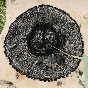 A circular, intricate black-and-white illustration on textured paper shows two people embracing at the center, surrounded by detailed plants, flowers, and natural patterns—evoking scenes from world history or a timeless children’s book like Childhood of the World.