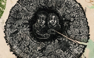 A circular, intricate black-and-white illustration on textured paper shows two people embracing at the center, surrounded by detailed plants, flowers, and natural patterns—evoking scenes from world history or a timeless children’s book like Childhood of the World.